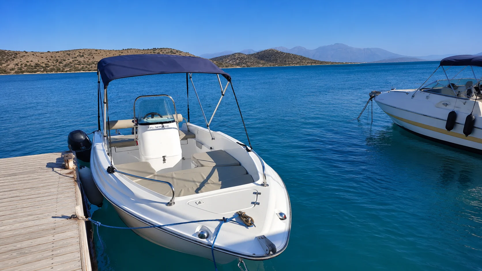 Olympic rear view self-drive boat rental in Elounda